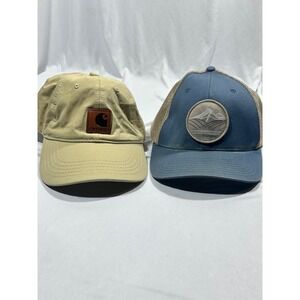 Carhartt Tan Canvas Dad Hat and Columbia Blue Mesh Back Trucker Hat Bundle 2pc